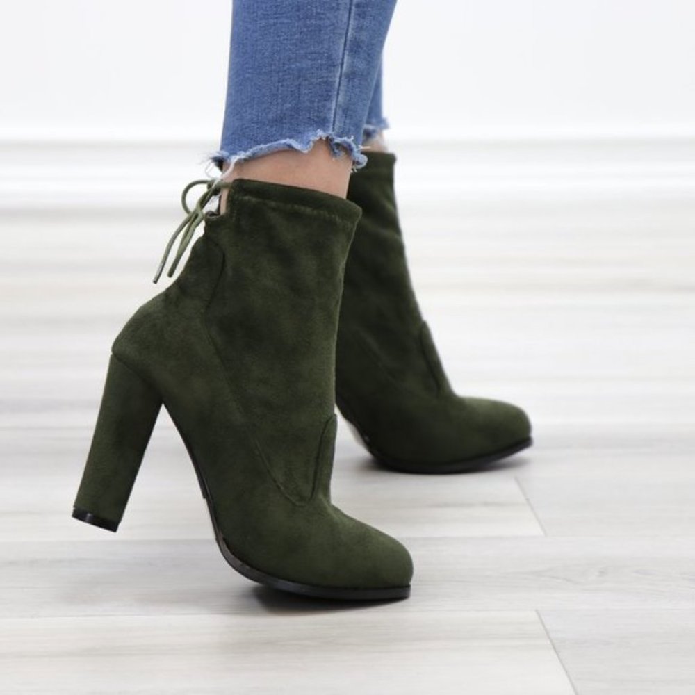 Round Toe Olive Suede Ankle Heeled Boots, Booties - Picture 7 of 11
